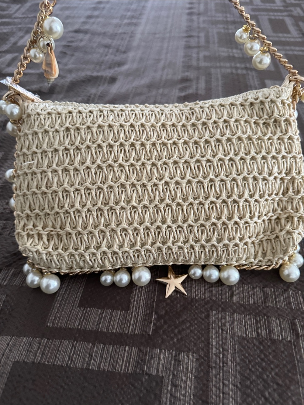 Urban Expressions Cream Woven Shoulder Bag with Pearl-Trim Chain